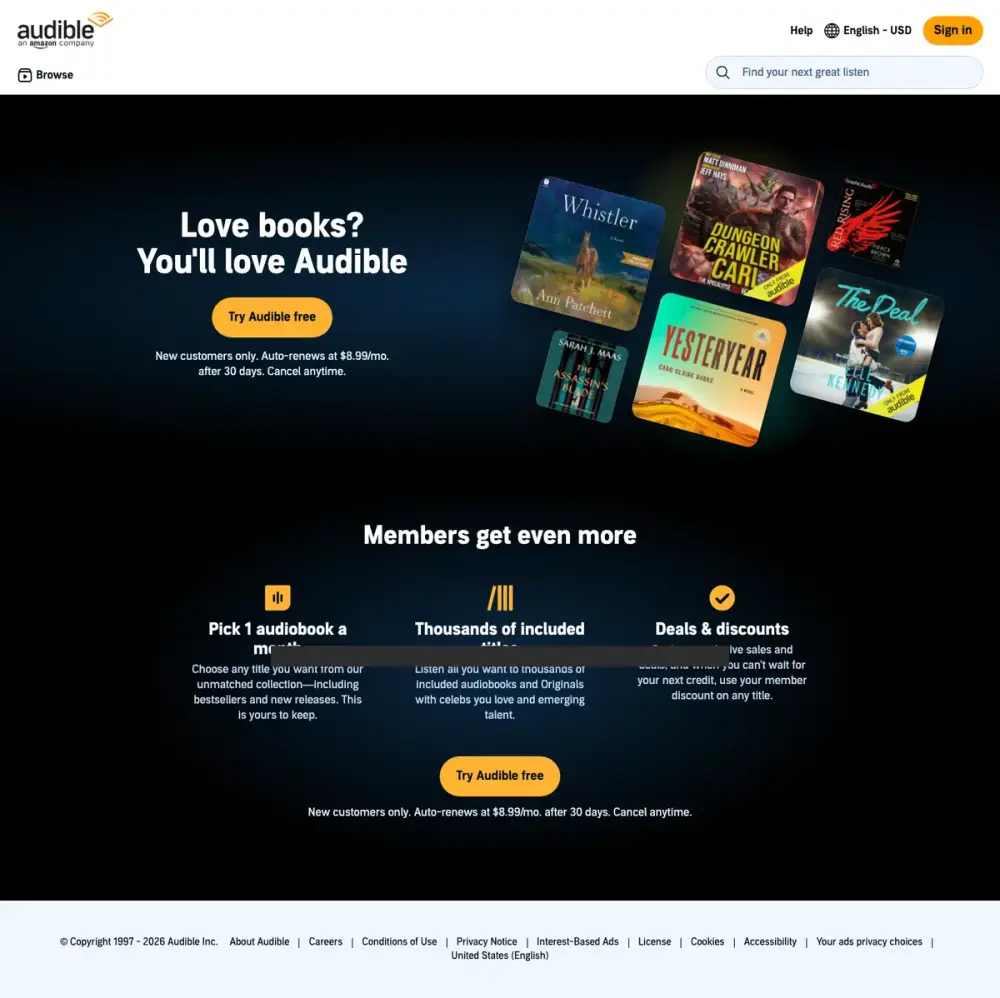 Audible landing page