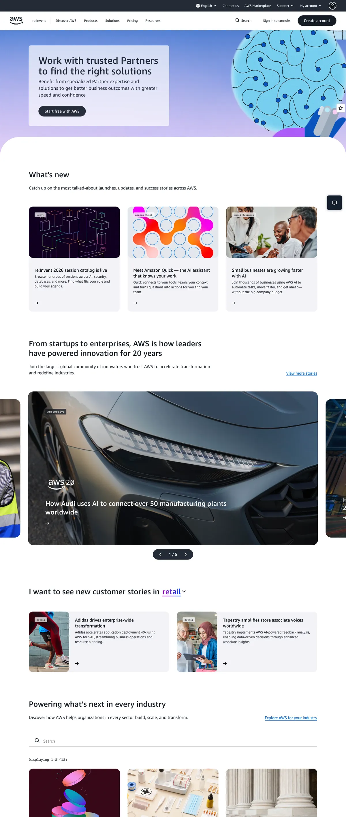 Amazon Web Services landing page