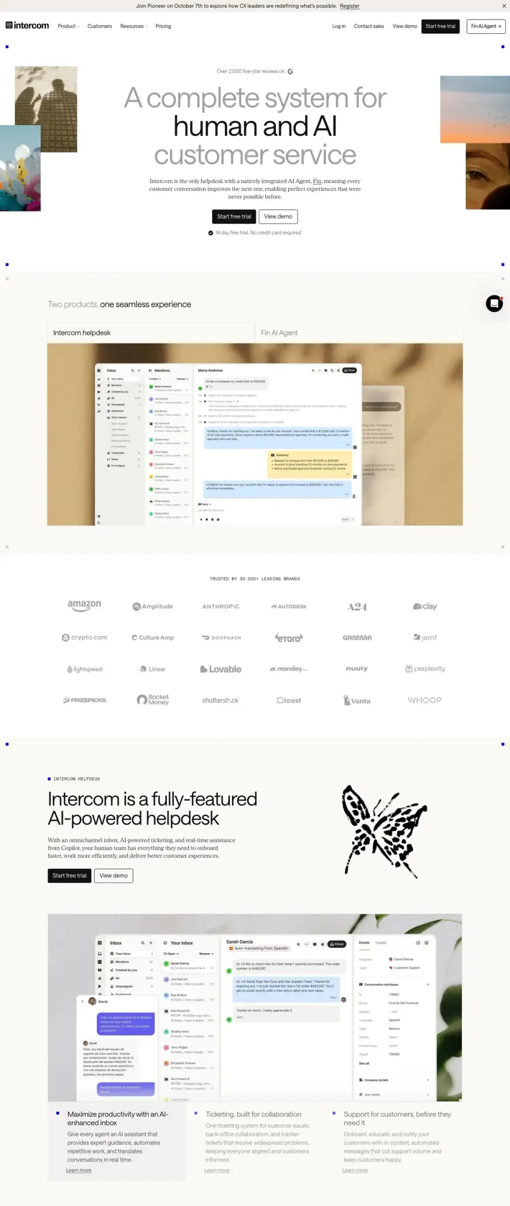 Intercom landing page