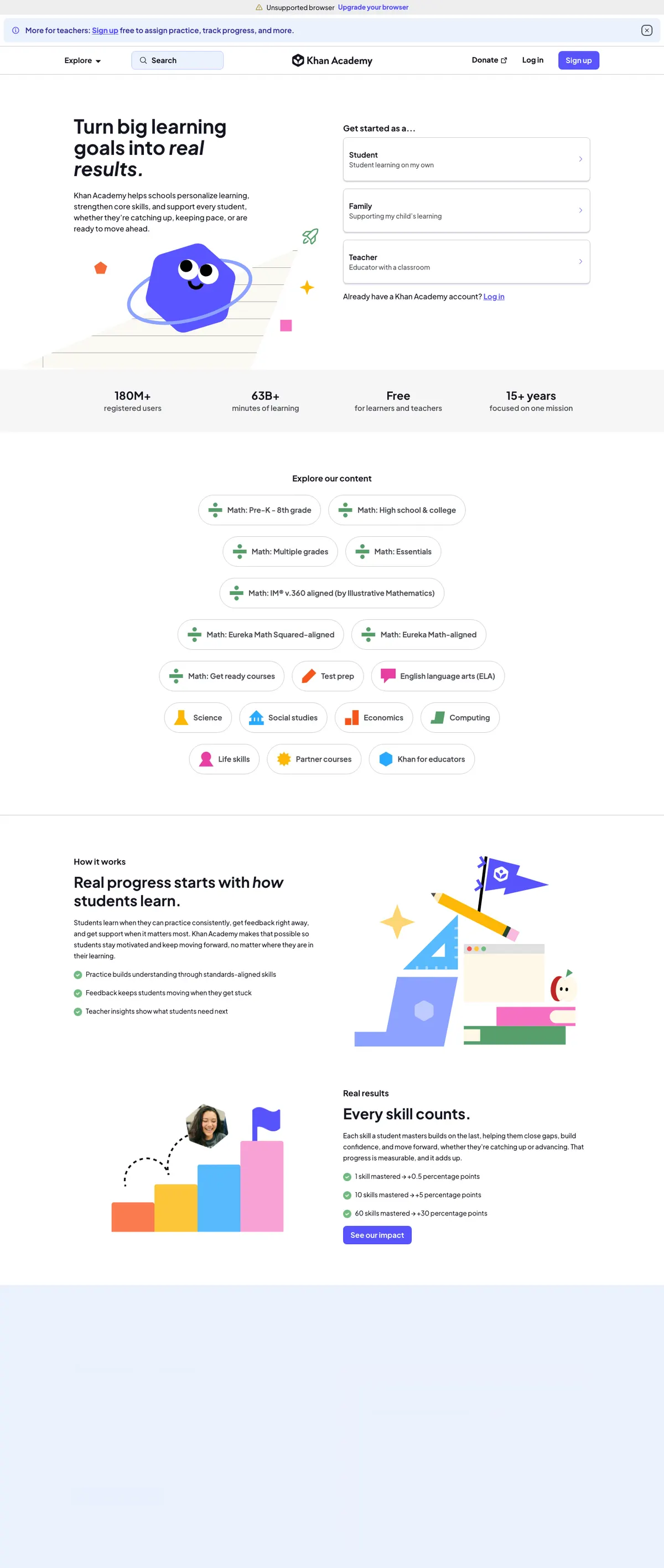 Khan Academy landing page
