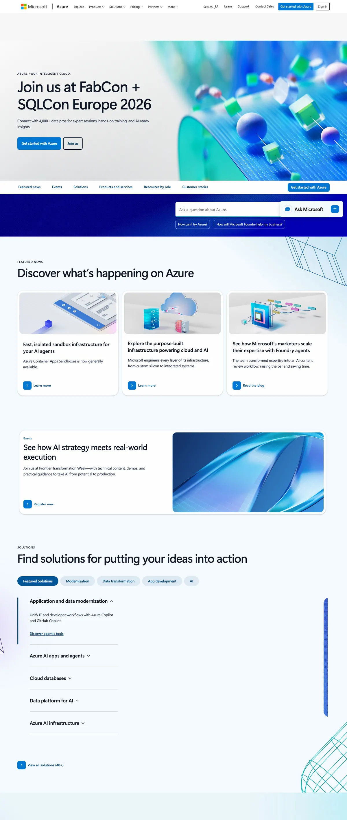 Microsoft Azure landing page