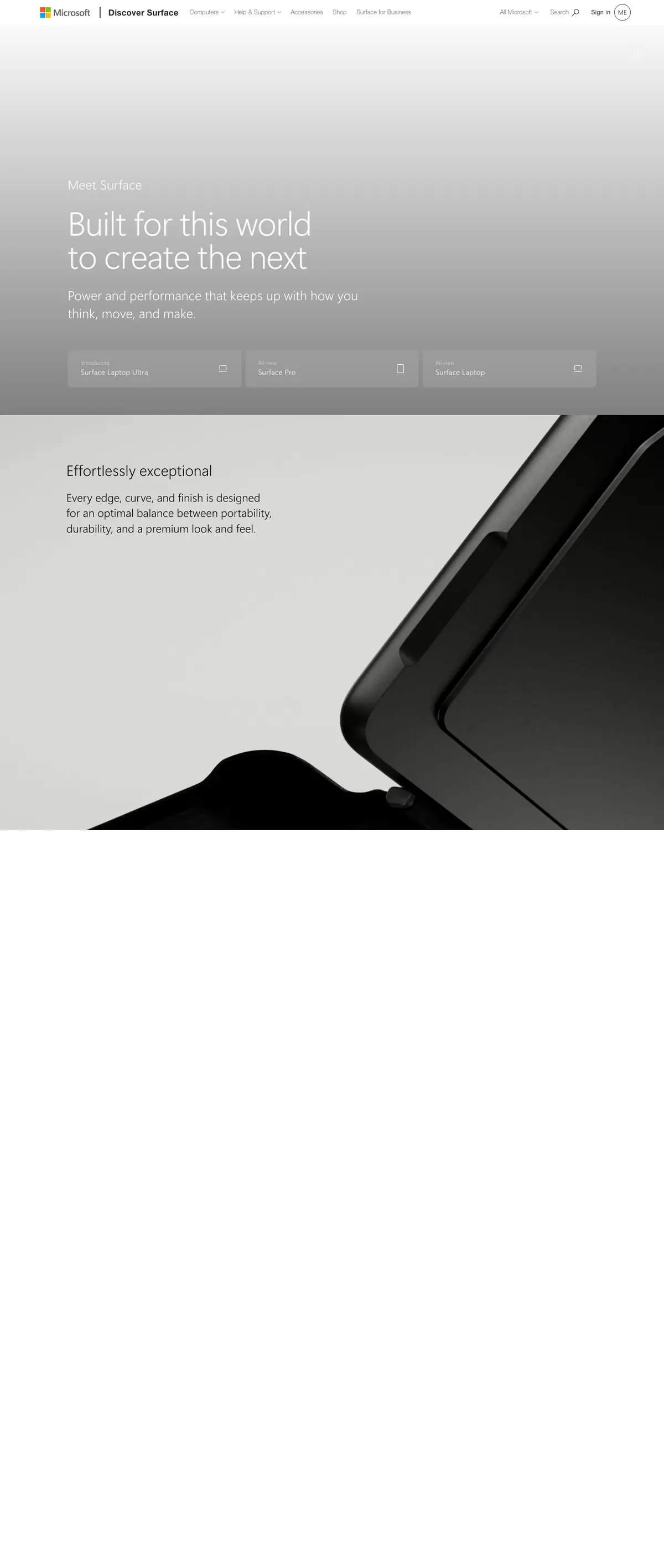 Microsoft Surface landing page