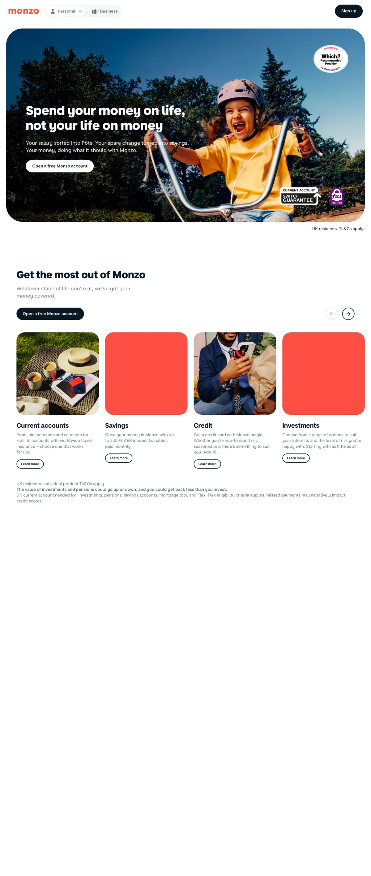 Monzo landing page