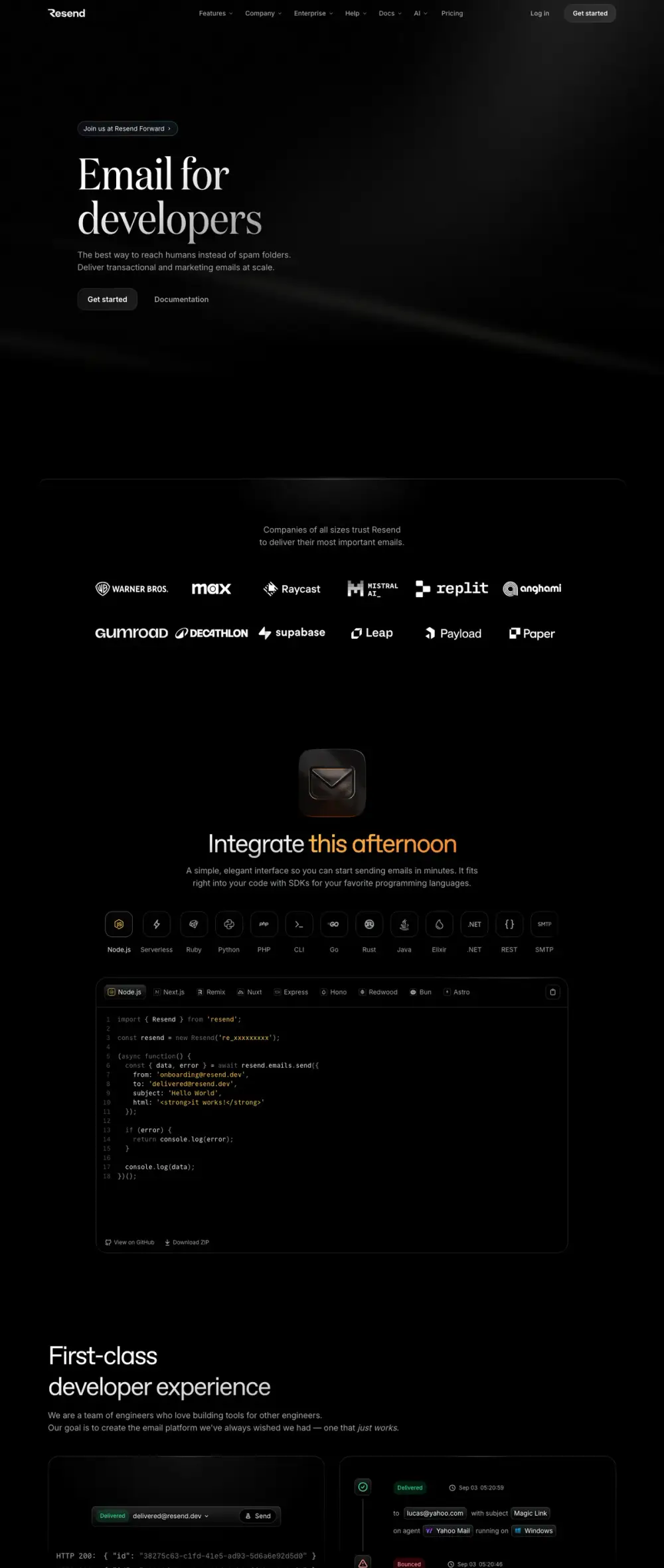 Resend landing page