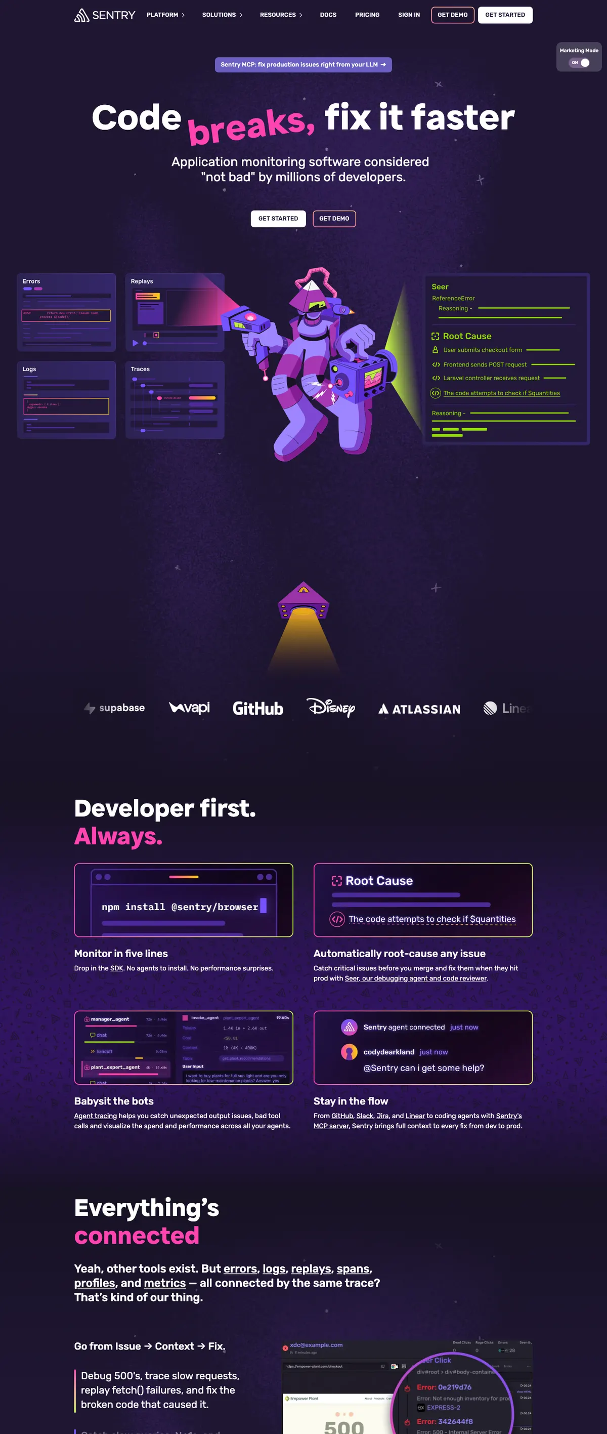 Sentry landing page