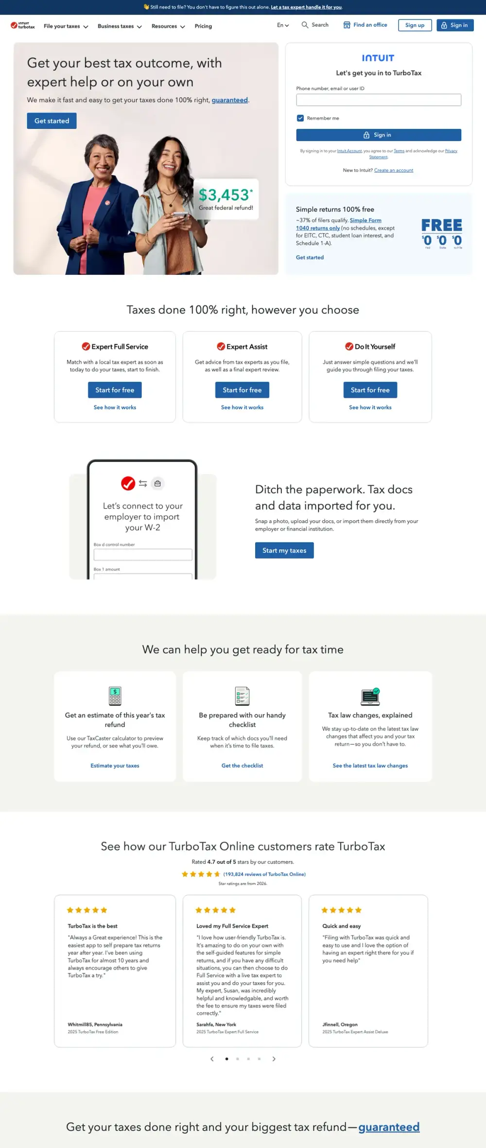 TurboTax landing page