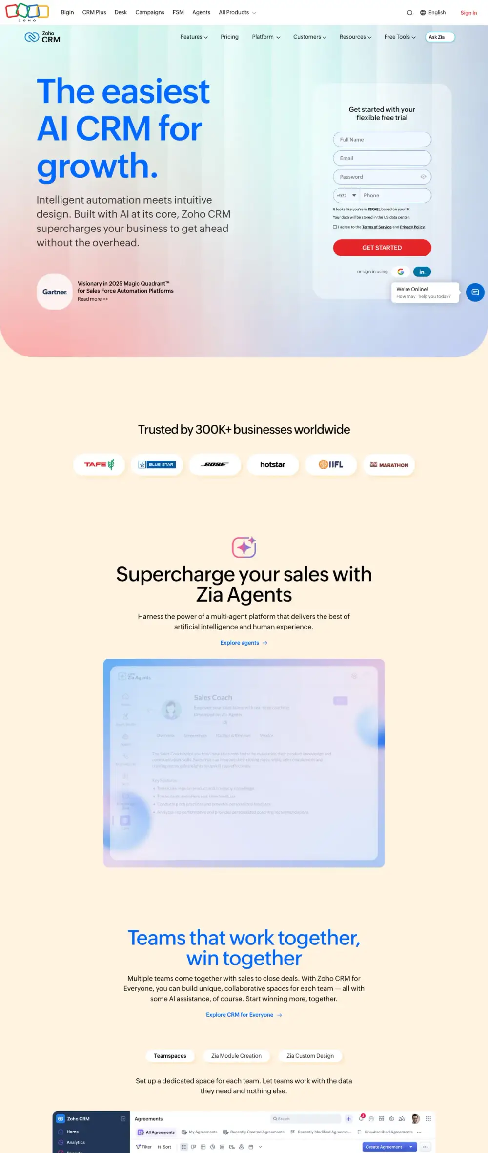 Zoho CRM landing page